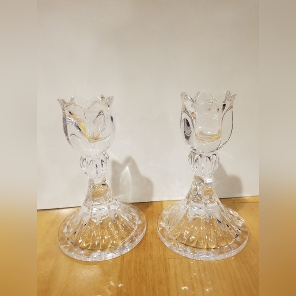 Set of 2 Mikasa Candle Holders Sticks Roses Shape Ambassador Crystal Slovenia - Picture 4 of 6